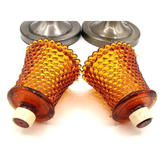 Set 2 Wooden Metal Candle Holders w/ Thousand Eye Hobnail Votives Amber Vintage - Picture 5 of 12